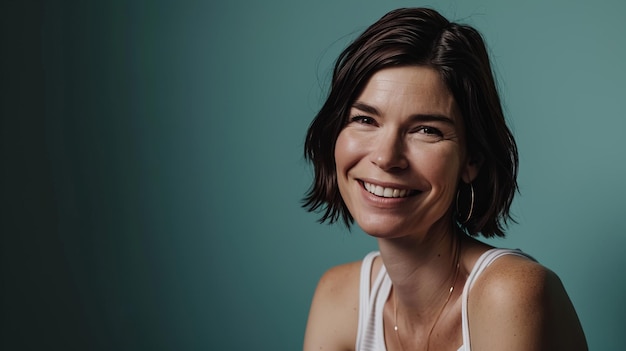 Una mujer con el pelo corto sonriendo a la cámara.