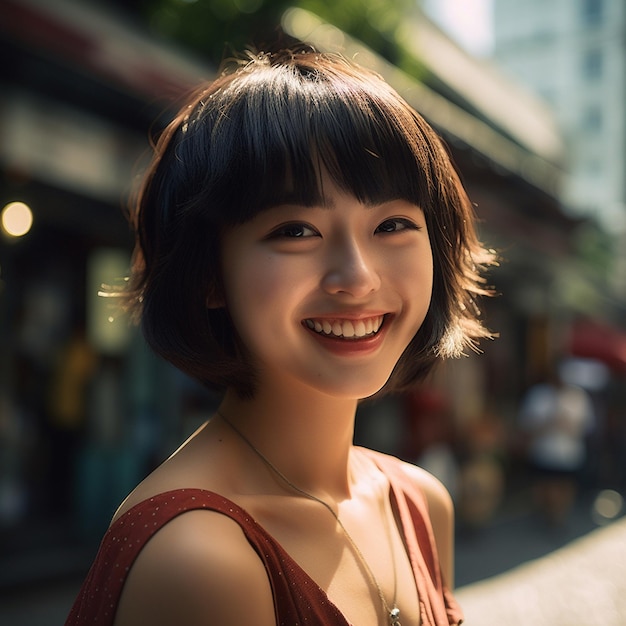 una mujer con el pelo corto sonriendo y vistiendo un vestido rojo