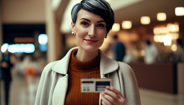 Mujer de pelo corto con una sonrisa complacida usando un suéter y una tarjeta de crédito en el fondo de un centro comercial IA generativa