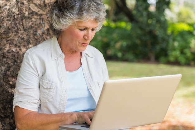 Mujer de pelo gris con una computadora portátil