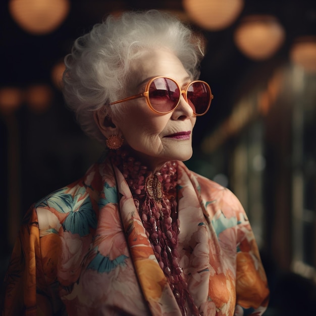 Una mujer de pelo gris y gafas de sol se para frente a una ventana.