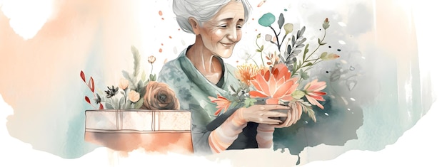 Mujer de pelo gris con regalo y ramo de flores.