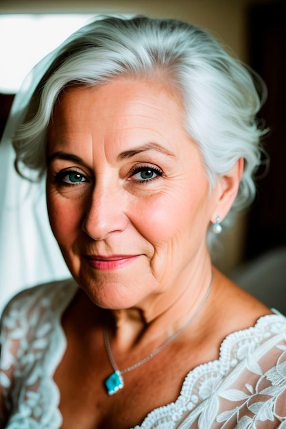 Una mujer de pelo gris y vestido blanco.