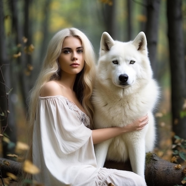 Una mujer de pelo largo abraza a un lobo.