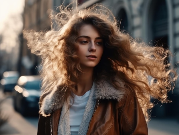 Una mujer con el pelo largo camina por la calle con una chaqueta marrón.