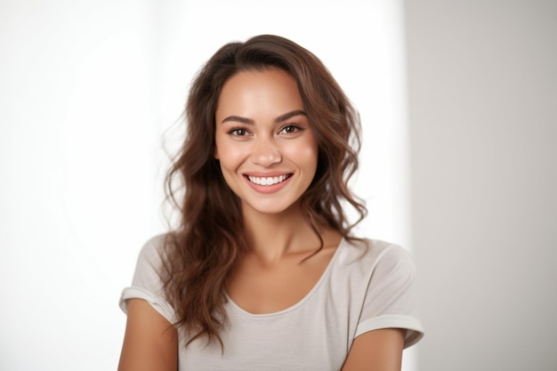 Una mujer con el pelo largo y castaño sonriendo con un fondo blanco.