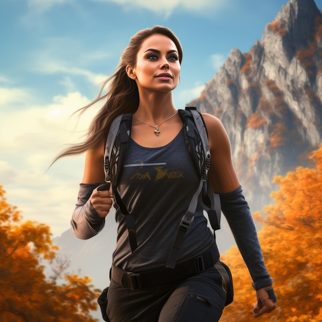 una mujer de pelo largo corre frente a una montaña.