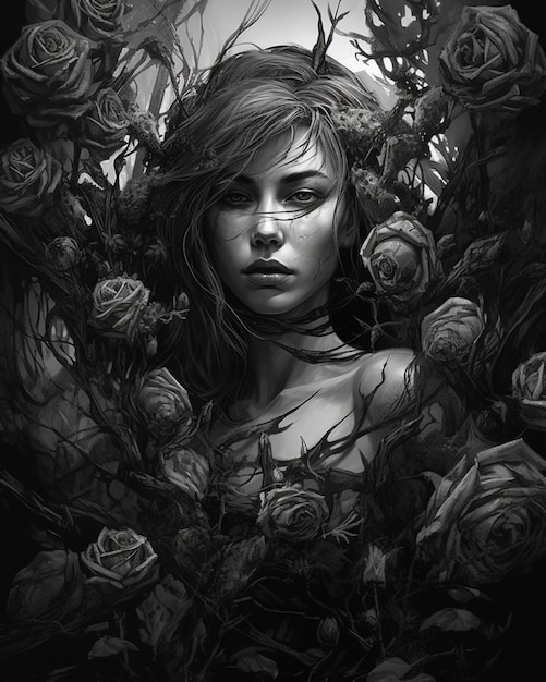 Una mujer de pelo largo y un dibujo de rosas en blanco y negro.
