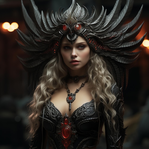 una mujer de pelo largo y un disfraz con un dragón en el frente.