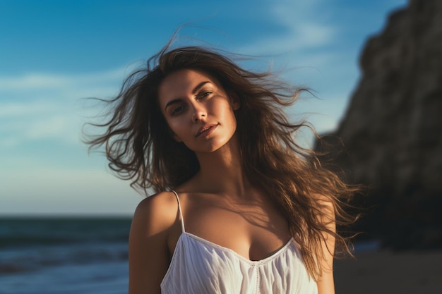 Una mujer con el pelo largo está parada en la playa y el océano sopla con el viento.