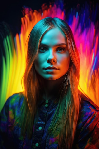 Una mujer con el pelo largo y un fondo con los colores del arco iris.