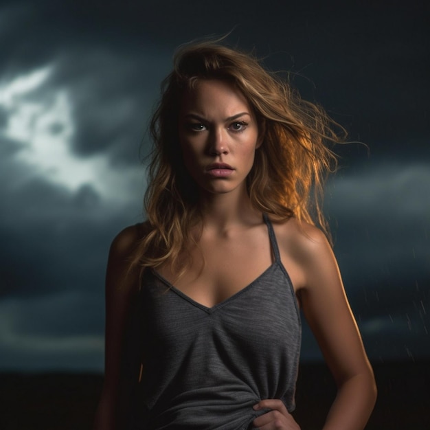 una mujer con el pelo largo se para frente a un fondo oscuro con un cielo nublado detrás de ella.
