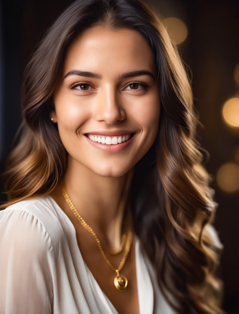 Foto una mujer con el pelo largo y marrón y un collar de oro está sonriendo