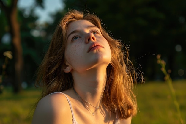 Una mujer con el pelo largo y marrón está sentada en un campo mirando hacia el cielo