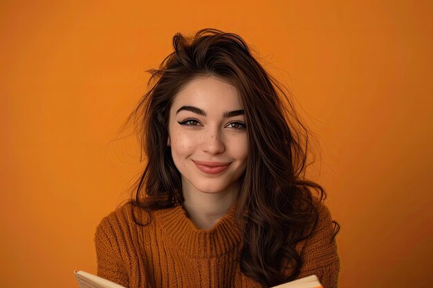 una mujer con el pelo largo y marrón está sonriendo y sosteniendo un libro con las palabras la palabra a la derecha