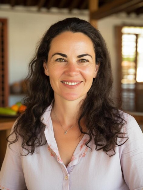 Foto una mujer con el pelo largo y marrón sonriendo a la cámara