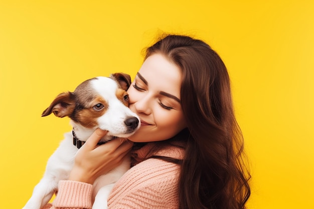 Una mujer de pelo largo y un perro de fondo amarillo.