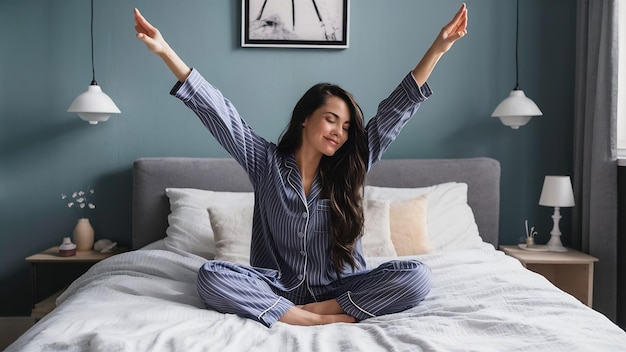 Foto mujer de pelo largo en pijama azul se estira dulcemente después de dormir