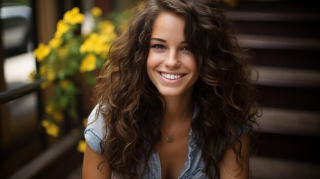 Una mujer con el pelo largo y rizado sonriendo radiando alegría y felicidad