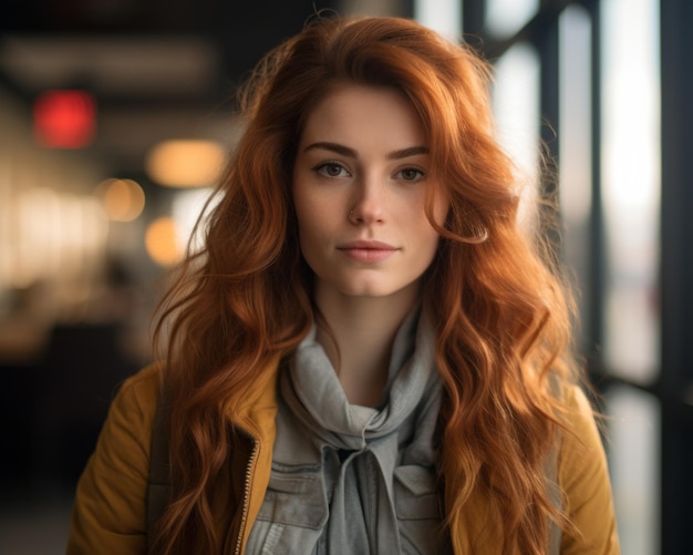 Una mujer con el pelo largo y rojo parada en un pasillo.