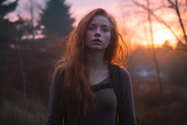 una mujer con el pelo largo y rojo de pie en el bosque