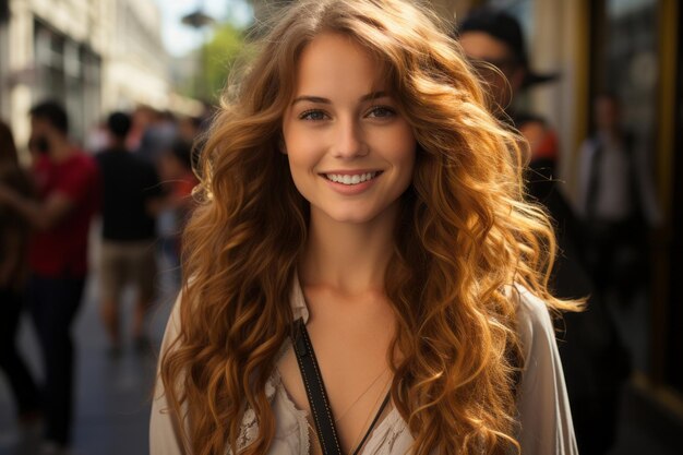 una mujer con el pelo largo y rojo sonriendo en la calle