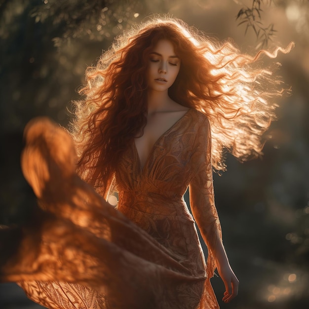 Una mujer con el pelo largo y rojo y un vestido suelto se encuentra a la luz del sol.