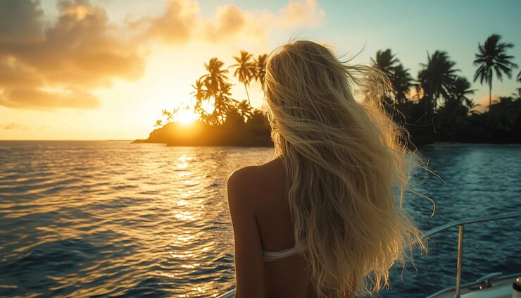 una mujer con el pelo largo y rubio está de pie frente a una isla tropical