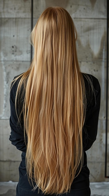 Mujer con el pelo largo y rubio de pie junto a la pared