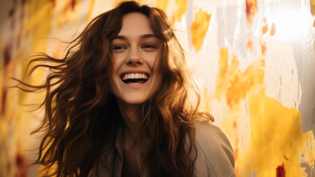 una mujer con el pelo largo sonriendo frente a una pared amarilla