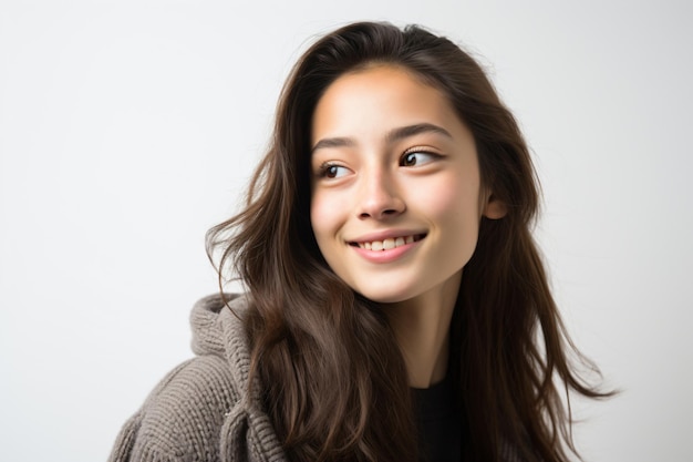 una mujer con el pelo largo sonriendo y vistiendo un suéter