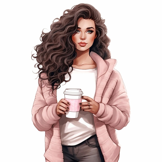 una mujer con el pelo largo sosteniendo una taza de café ai generativa