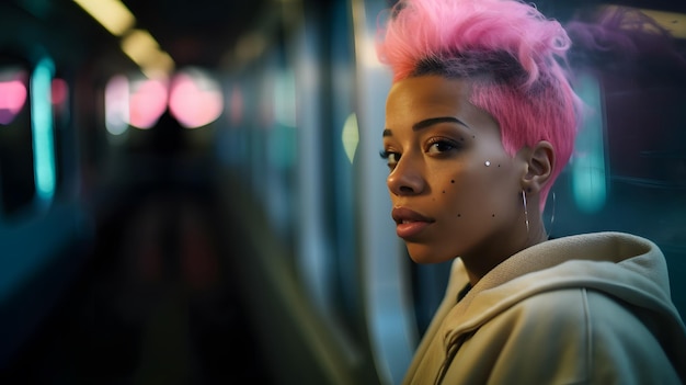 Una mujer con el pelo mohicano rosa mira a la cámara.