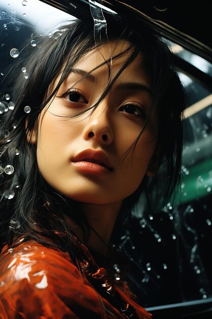 una mujer con el pelo mojado y gotas de lluvia