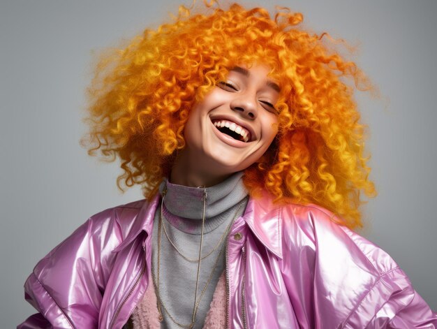 Foto mujer con el pelo naranja brillante sonriendo