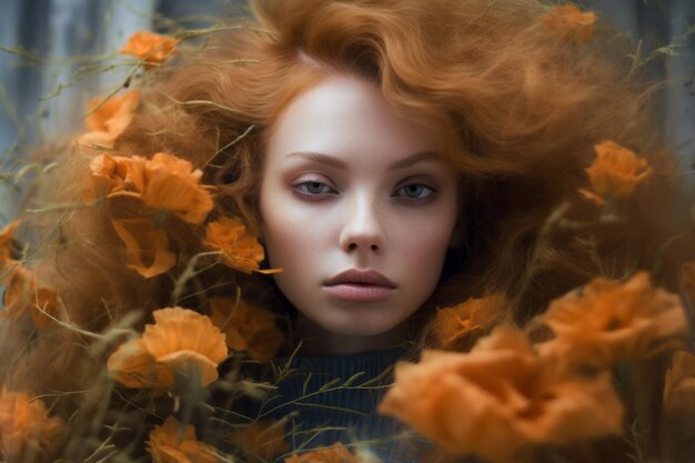 Una mujer de pelo naranja y jersey azul está rodeada de flores.