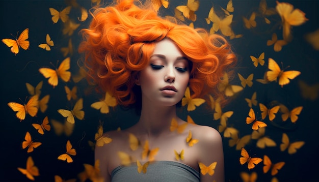 Una mujer de pelo naranja y peluca naranja se encuentra en una habitación oscura con mariposas amarillas en el suelo.