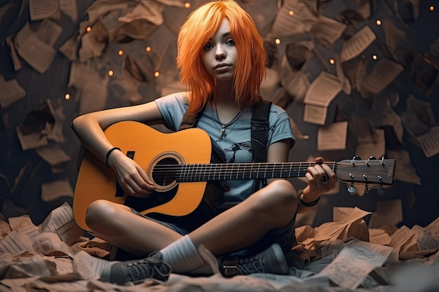 Una mujer de pelo naranja toca la guitarra en un cuarto oscuro.