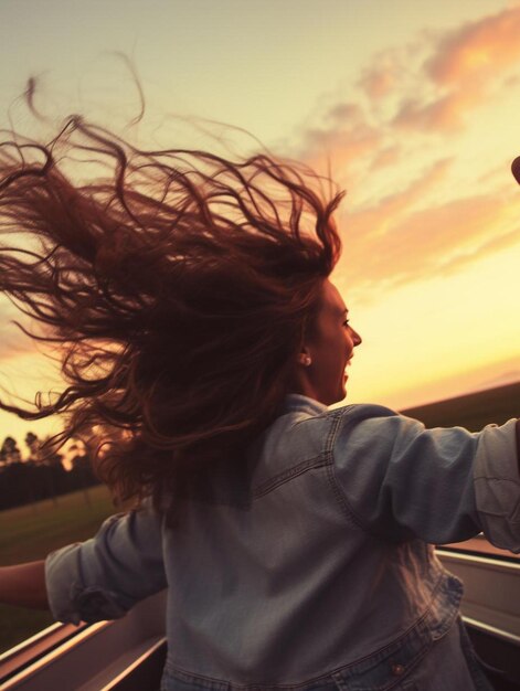 una mujer con el pelo ondeando al viento