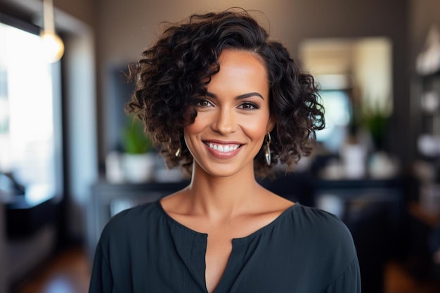 Una mujer con el pelo rizado sonriendo.