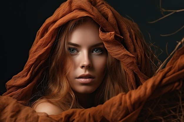 Una mujer con el pelo rojo y una bufanda.