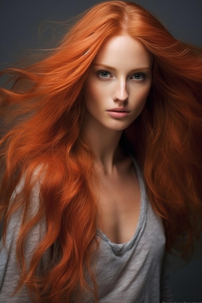 Una mujer con el pelo rojo y una camisa gris.