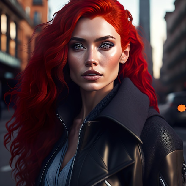 Una mujer de pelo rojo y una chaqueta negra está de pie en la calle.