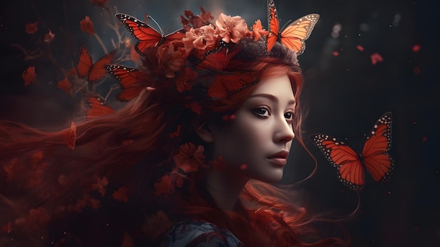 Una mujer con el pelo rojo y una corona de mariposas en la cabeza.