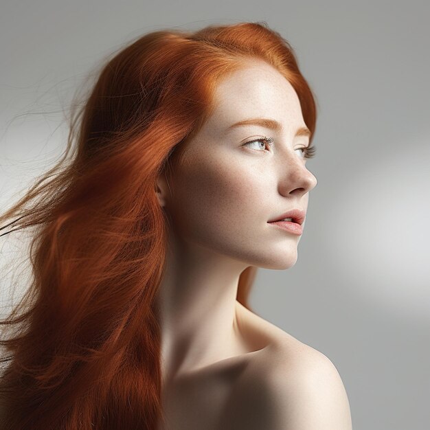 Una mujer con el pelo rojo y un fondo blanco.