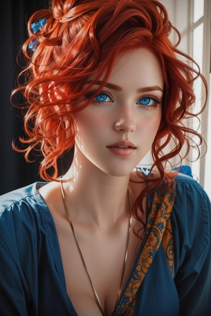 Una mujer de pelo rojo y ojos azules.