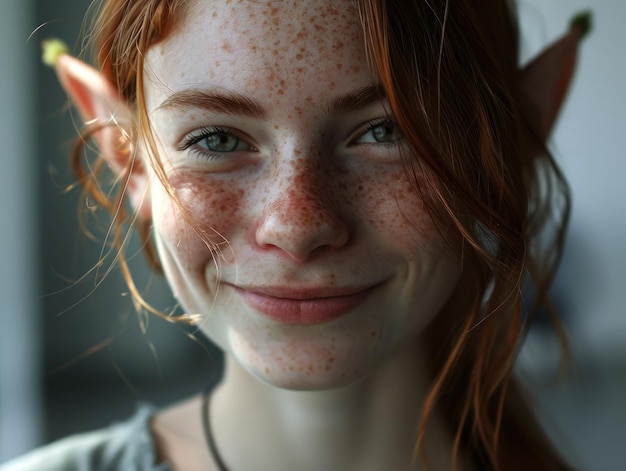 Una mujer de pelo rojo y pecas sonriendo