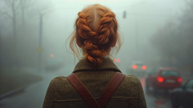 Mujer de pelo rojo de pie bajo la lluvia