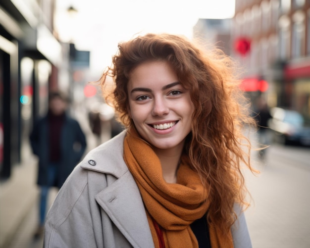 una mujer con el pelo rojo sonriendo en la calle