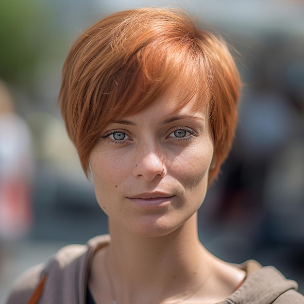 una mujer de pelo rojo y un suéter marrón está de pie frente a una multitud.